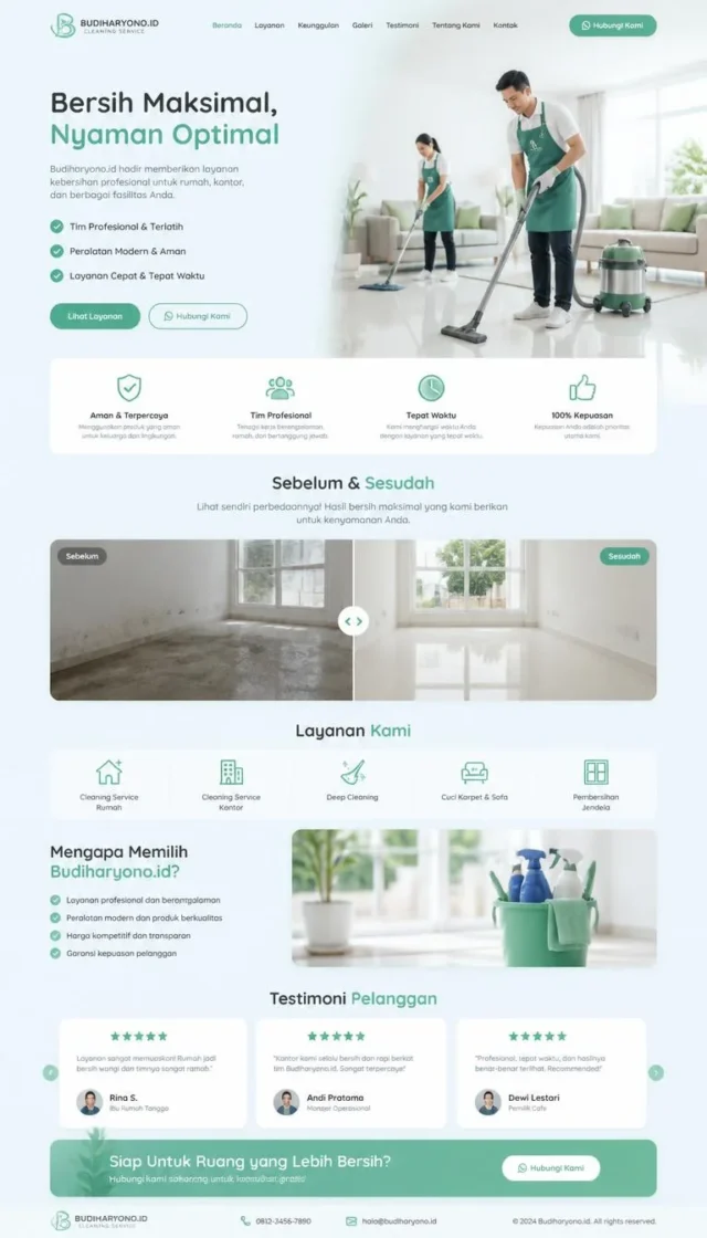 contoh website perusahaan cleaning service desain layout modern fullpage