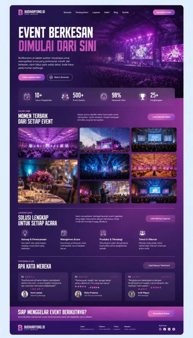 contoh website perusahaan event organizer desain layout modern fullpage