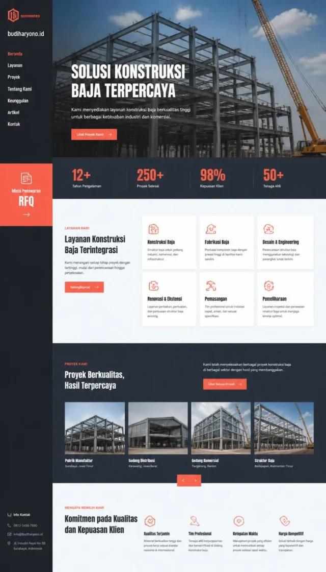contoh website perusahaan konstruksi desain layout modern fullpage